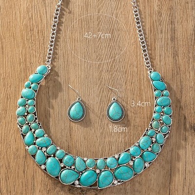 Teardrop Synthetic Turquoise Pendant Necklaces & Dangle Earrings Sets FS-WGC94F7-01-1