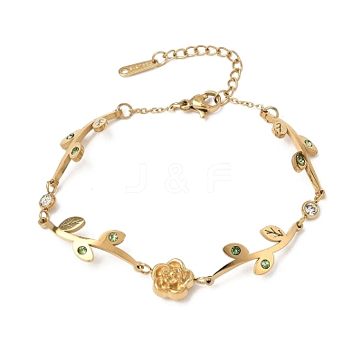 304 Stainless Steel Crystal and Peridot Rhinestone Flower Leaf Link Chain Bracelets SA-CBA7A0F-09G-1