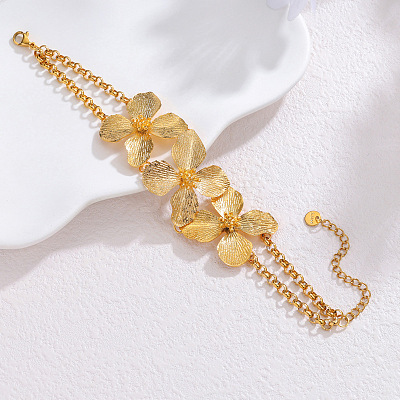 304 Stainless Steel Triple Flower Link Bracelets for Women WG0333A-01-1
