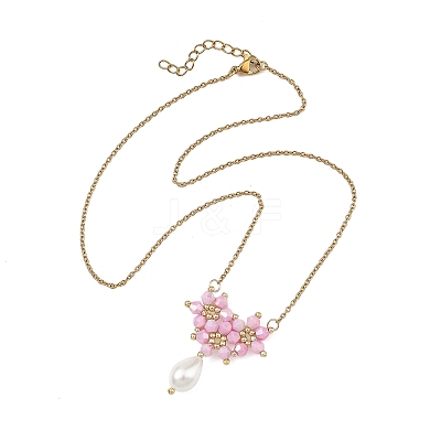 Electroplate Glass Beaded Flower Teardrop Pendant 304 Stainless Steel Cable Chain Necklaces NJEW-MZ00156-01-1
