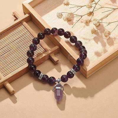 Natural Amethyst Round Beaded Stretch Bracelet with Bullet Charms BJEW-JB09018-04-1