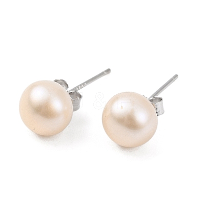 Natural Pearl Round Bead Stud Earrings EJEW-E298-01D-02P-1
