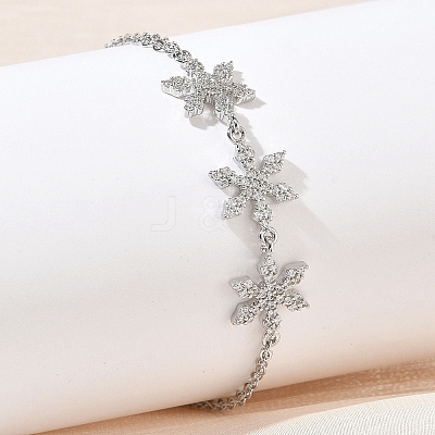 Brass Micro Pave Clear Cubic Zirconia Triple Flower Link 2-Strand Bracelets KK-CBA6980-16P-1