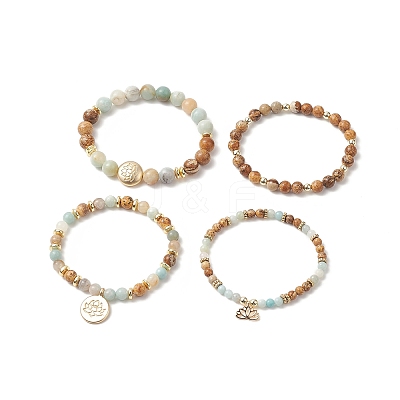 Natural Flower Amazonite & Picture Jasper Beaded Stretch Bracelets Sets with Non-Magnetic Synthetic Hematite BJEW-JB09280-1