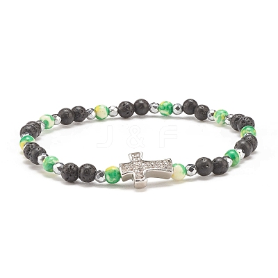 Natural & Synthetic Mixed Gemstone Beaded Stretch Bracelet with Clear Cubic Zirconia Cross for Women BJEW-JB08247-02-1