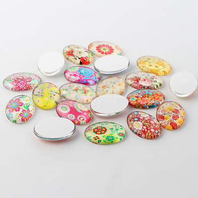 Multi-Color Floral Pattern Theme Ornaments Glass Oval Flatback Cabochons GGLA-A003-30x40-SS-1