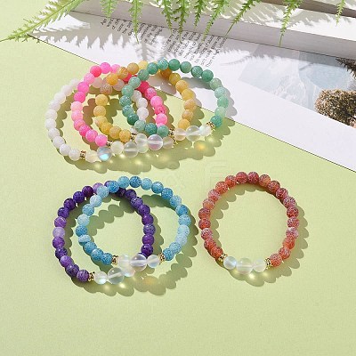 7Pcs 7 Color Natural Weathered Agate(Dyed) & Synthetic Moonstone Round Beaded Stretch Bracelets Set BJEW-JB09124-1