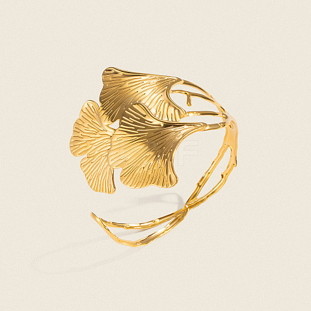 304 Stainless Steel Vintage Leaf Open Cuff Bangles for Women EU1082-1