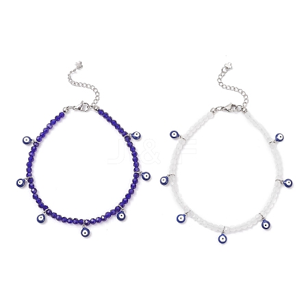 2Pcs 2 Colors 304 Stainless Steel Enamel Blue Evil Eye Tassel Glass Beaded Anklets for Women Men AJEW-AN00754-1