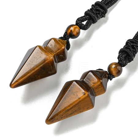 Natural Tiger Eye Conical Pendulum Pendant Necklace with Nylon Cord for Women NJEW-B106-01B-1