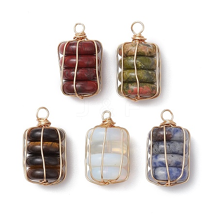 Natural Red Rainbow Jasper/Natural Tiger Eye/Natural Unakite/Natural Blue Spot Jasper/Opalite Copper Wire Wrapped Column Pendants PALLOY-JF02974-1