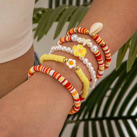 5Pcs 5 Styles Acrylic & CCB Plastic & Polymer Clay Beads Stretch & Charm Bracelets for Women FS-WG063BF-03-1