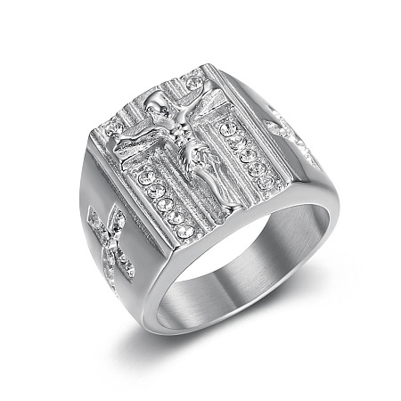 Cross with Jesus Pattern 304 Stainless Steel with Crystal Rhinestone Finger Rings for Men FS-WG78AD7-07-1