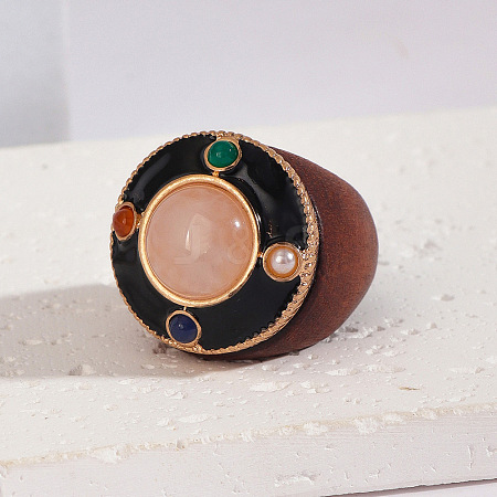 Flat Round Wood & Resin & Natural Rose Quartz Finger Rings FS-WG75D49-02-1