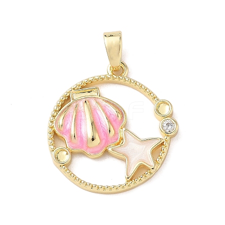 Flat Round with Shell Shape Brass Micro Pave  Clear Cubic Zirconia Pendant Cabochon Settings KK-P334-17G-02-1