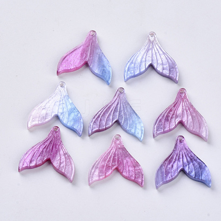  Jewelry Beads Findings Cellulose Acetate(Resin) Pendants, with Glitter Powder, Rainbow Gradient Mermaid Pearl Style, Mermaid Tail Shape, Colorful, 19x19x3mm, Hole: 1.2mm