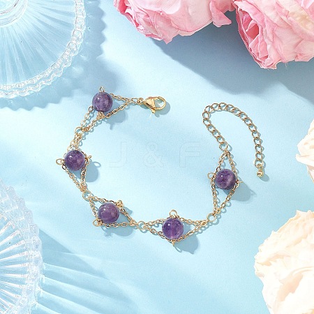 Natural Amethyst Round Beads Link Bracelets for Women BJEW-JB12149-02-1