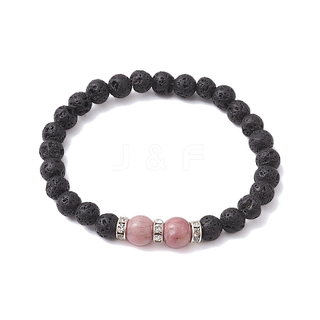 Round Natural Lava Rock & Rhodonite Beaded Stretch Bracelets for Women BJEW-JB10804-1