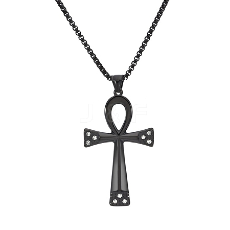 Stainless Steel Crysstal Rhinestone Ankh Cross Pendant Box Chain Necklaces for Men PW-WG356EF-03-1