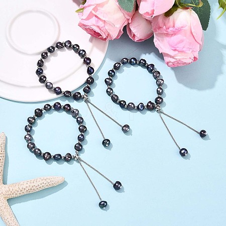 Adjustable Natural Pearl with Brass Chain Slider Bracelets for Women Girl BJEW-T022-16B-1