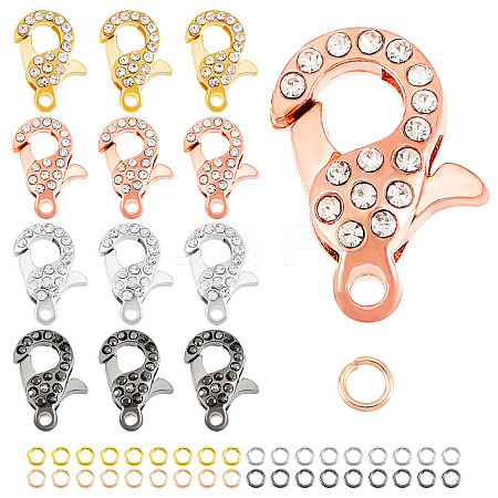   8Pcs 4 Colors Alloy Crystal Glass Rhinestone Lobster Claw Clasps with 40Pcs 4 Colors Iron Open Jump Rings ALRI-PH0001-25-1