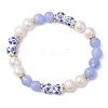 Natural Blue Lace Agate & Cultured Freshwater Pearl & Handmade Porcelain Ceramic Beads Stretch Bracelets for Women BJEW-JB13085-2