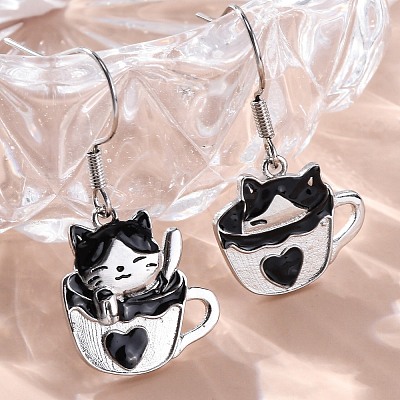 Brass Cat Shape Dangle Earrings EJEW-C130-02P-1