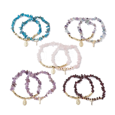 2Pcs Natural Gemstone Chip & Cube Non-magnetic Synthetic Hematite Beaded Stretch Bracelet Sets BJEW-JB10630-1