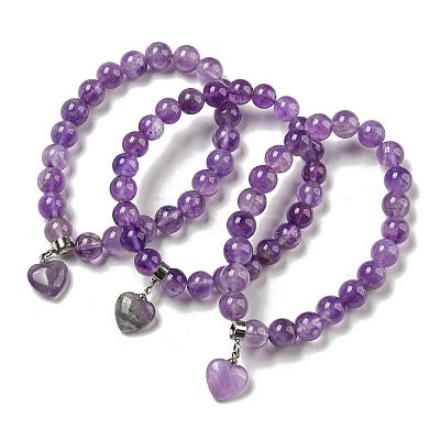 8.5mm Round Natural Amethyst Beaded Stretch Bracelets BJEW-C074-01M-1