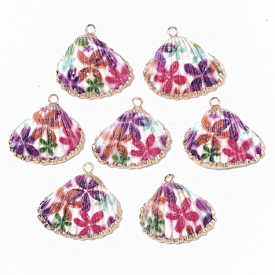 Electroplate Printed Natural Scallop Shell Pendants SSHEL-R047-04-A06-1