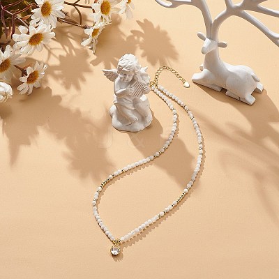 Cubic Zirconia Teardrop Pendant Necklace with Natural Moonstone Beaded Chains NJEW-JN04121-03-1