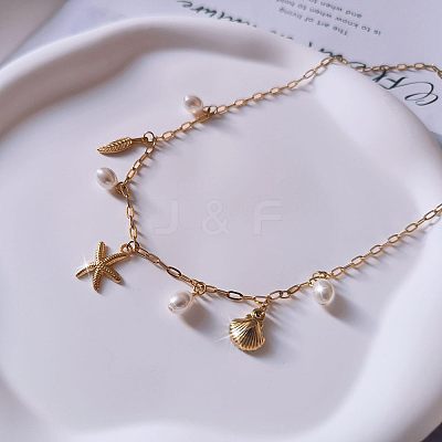 Summer Beach Brass & Plastic Imitation Pearl Pendant Necklaces for Women FS-WG04E65-01-1