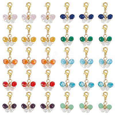 6 Sets Butterfly Copper Wire Wrapped Glass Pendant Decorations HJEW-GA0001-52-1
