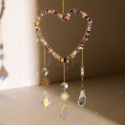 Heart Natural Fluorite Chips Hanging Ornaments HJEW-G024-01G-1