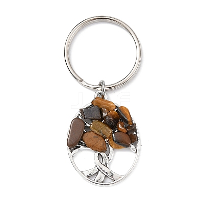 Natural Tiger Eye Chip & Alloy Tree of Life Pendant Keychain KEYC-JKC00648-07-1