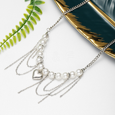 Imitation Pearl Round Beaded Alloy Heart Chain Tassel Bib Necklaces for Women WG3C231-01-1
