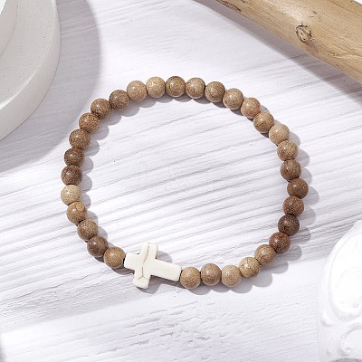 Natural Wood Beads Stretch Bracelets for Women BJEW-JB11338-02-1