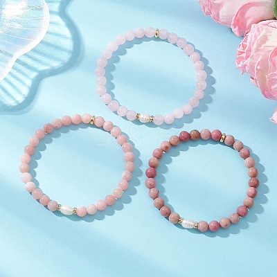 3Pcs Natural Pink Opal & Rhodochrosite & Rose Quartz Round Beads Stretch Bracelets for Women BJEW-JB13055-1