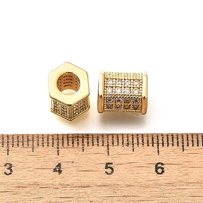 Rack Plating Hexagon Brass Micro Pave Clear Cubic Zirconia European Beads KK-Q040-10G-1