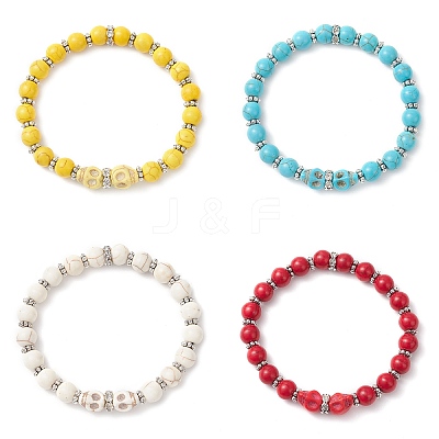 4Pcs 4 Colors Halloween Brass Crystal Rhinestone & Dyed Synthetic Turquoise Skull & Round Beaded Stretch Bracelet Sets for Men Women BJEW-JB12254-1