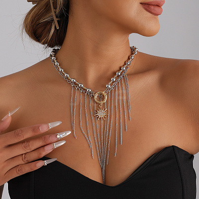 Two Tone Alloy Sun and Chain Tassel 2-Strand Bib Necklaces with CCB Plastic Beads for Women WG233F9-01-1