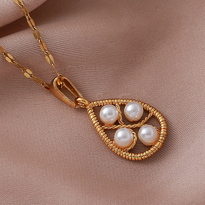 Vintage European 304 Stainless Steel & Imitation Pearl Teardrop Pendant Necklaces for Women NU2800-1