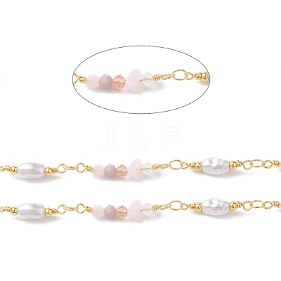 Brass Glass Bead Link Chains with ABS Imitation Pearl Beads CHS-P016-39G-08-1