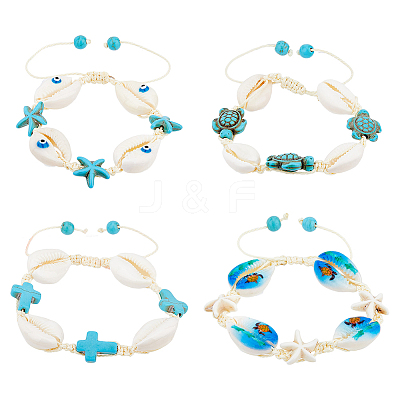 4Pcs 4 Style Natural Shell with Evil Eye Braided Bead Bracelets Set BJEW-FI0001-74-1