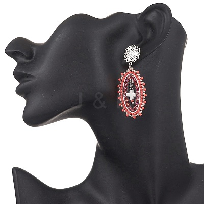 3 Pairs Cross Oval Glass Seed Bead Woven Stud Earrings EJEW-MZ00595-1