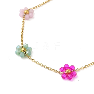304 Stainless Steel & Glass Colorful Flower Link Chain Necklaces for Women NJEW-K383-05G-1