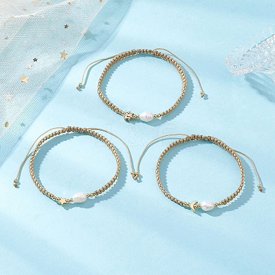 3Pcs Natural Cultured Freshwater Pearl & Brass & 304 Stainless Steel Beads Braided Bead Bracelets for Women BJEW-JB13108-1