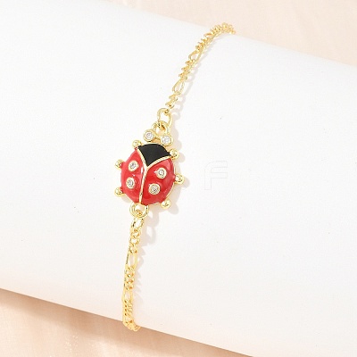Brass Pave Cubic Zirconia Enamel Red Ladybug Link Bracelets for Women KK-CBA68DA-03G-1