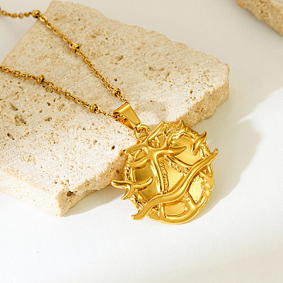 304 Stainless Steel Embossed Coin Pendant Necklaces for Women WGB94A8-01-1