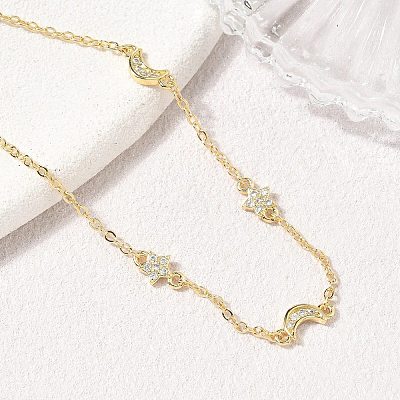 Brass Micro Pave Clear Cubic Zirconia Moon Star Link Chain Bracelets KK-CBA6980-28G-1